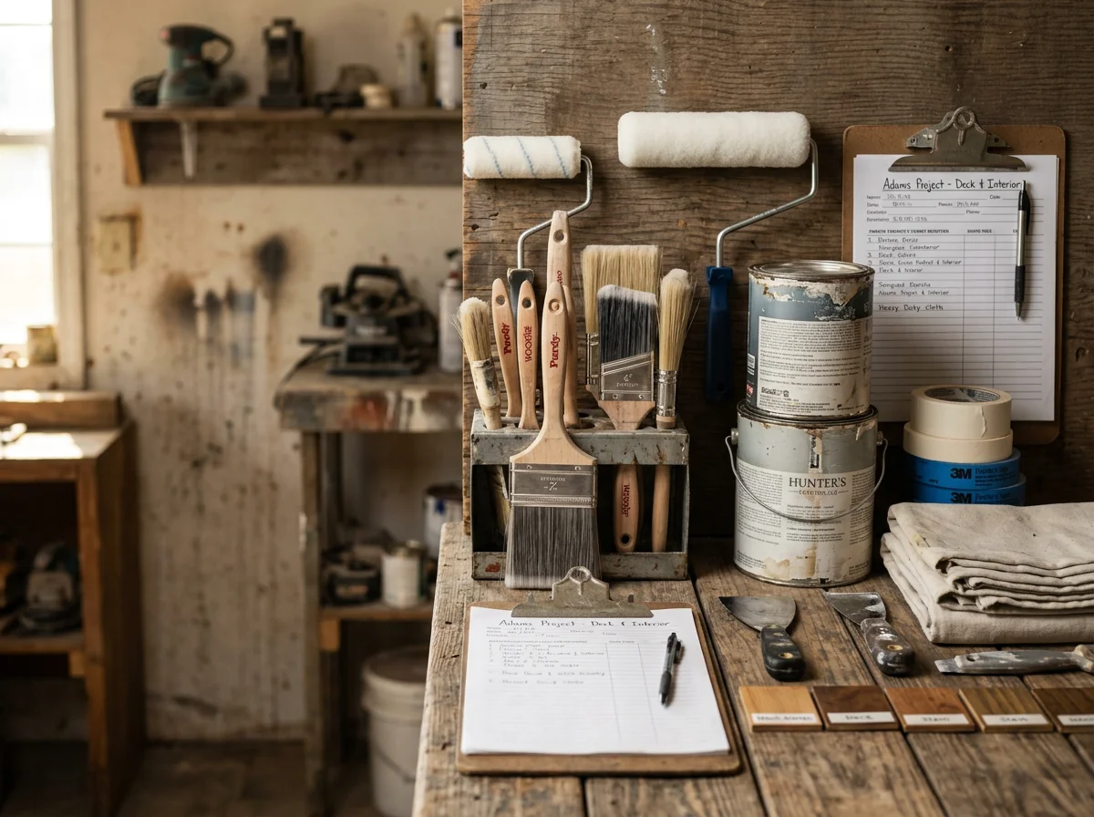 Professional painting tools and equipment arranged on a work surface, representing the trade expertise and quality preparation that goes into each project.