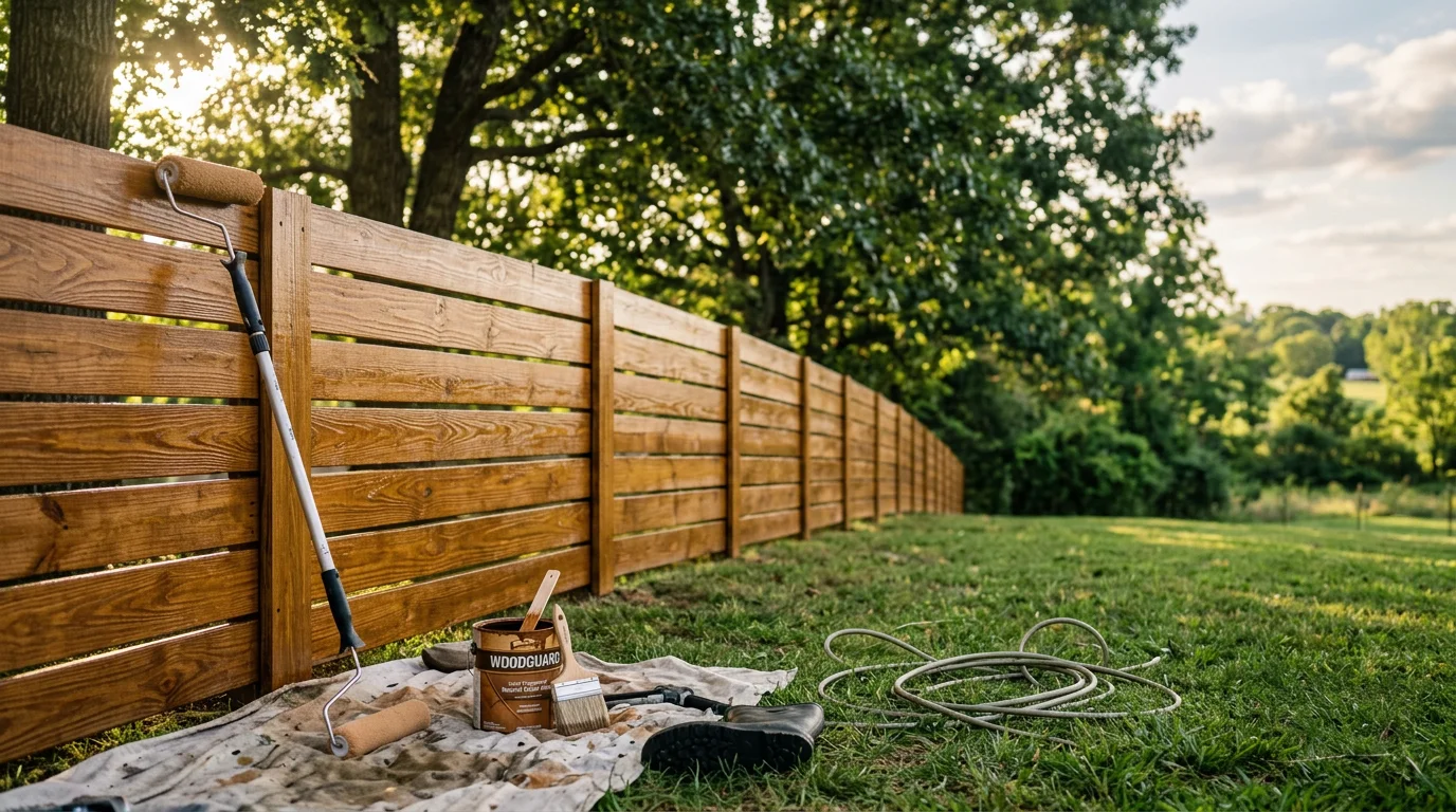 Freshly stained wooden fence in residential yard