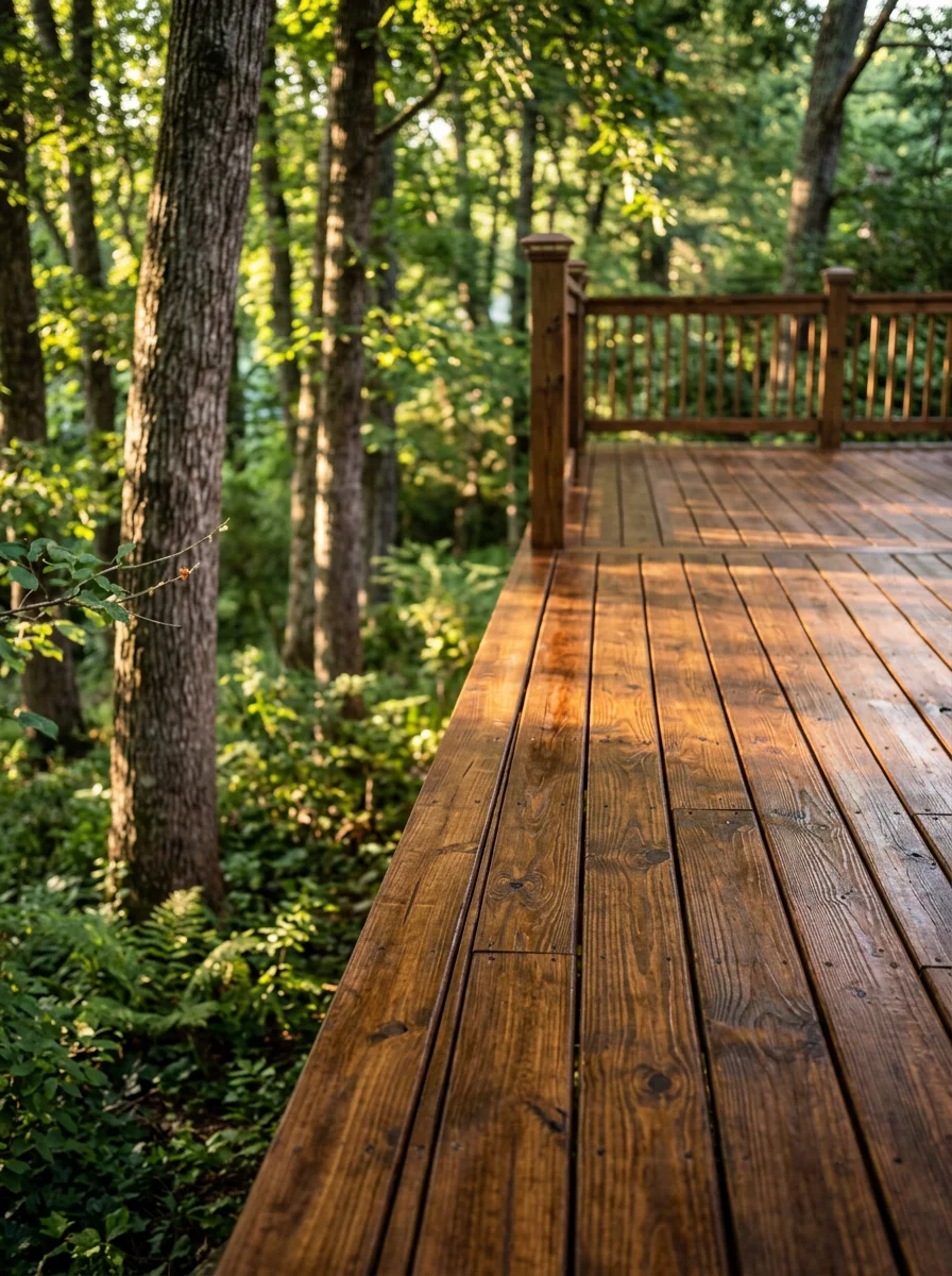 Freshly stained wood deck on a Brentwood, TN property surrounded by mature trees, showing rich stain color on previously weathered and mildew-stained boards.
