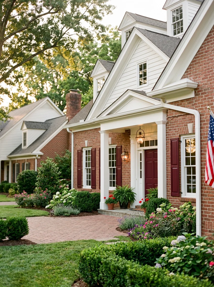 Freshly painted exterior trim and shutters on a brick home in a Franklin, TN master-planned community, showing clean white trim against red brick with a painted front door.