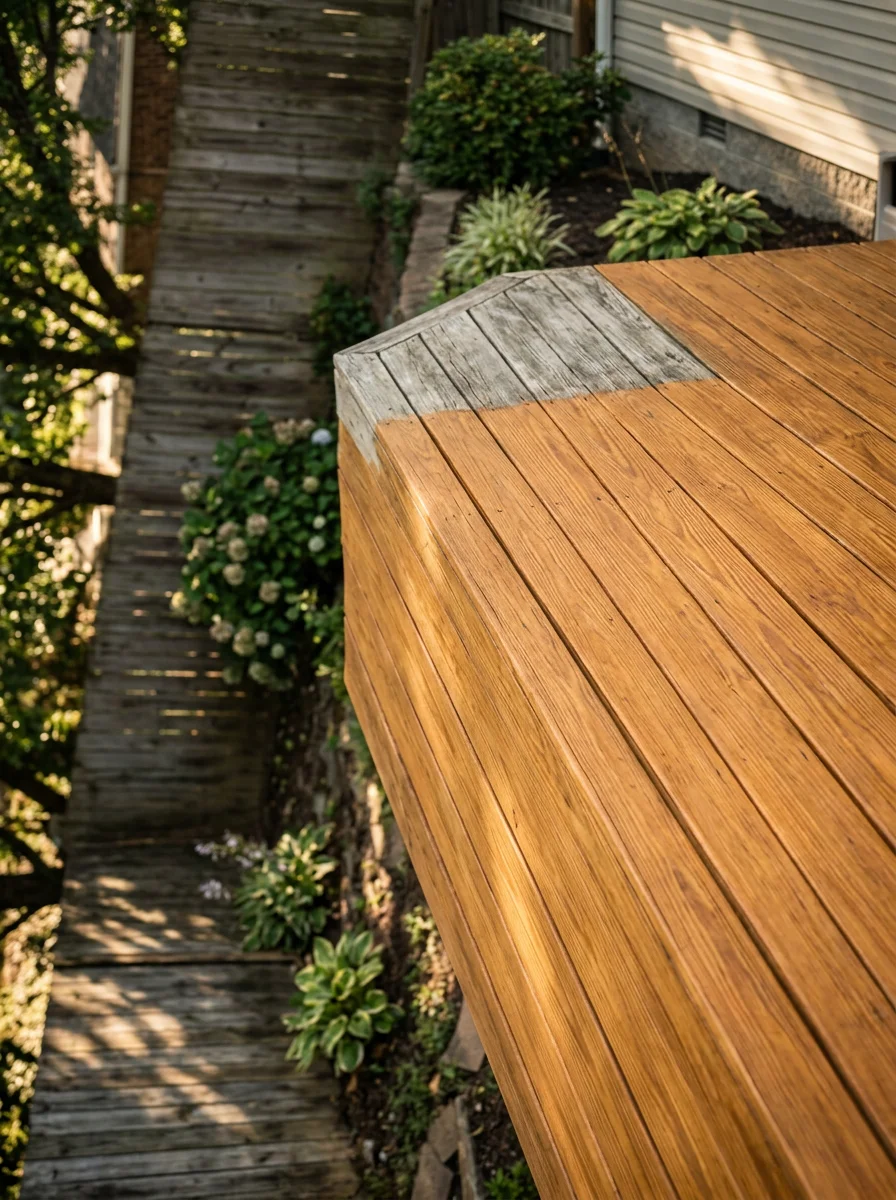 Freshly pressure-washed and stained wood deck on a Gallatin, TN home, showing clean boards and restored color after mildew and gray weathering were removed.