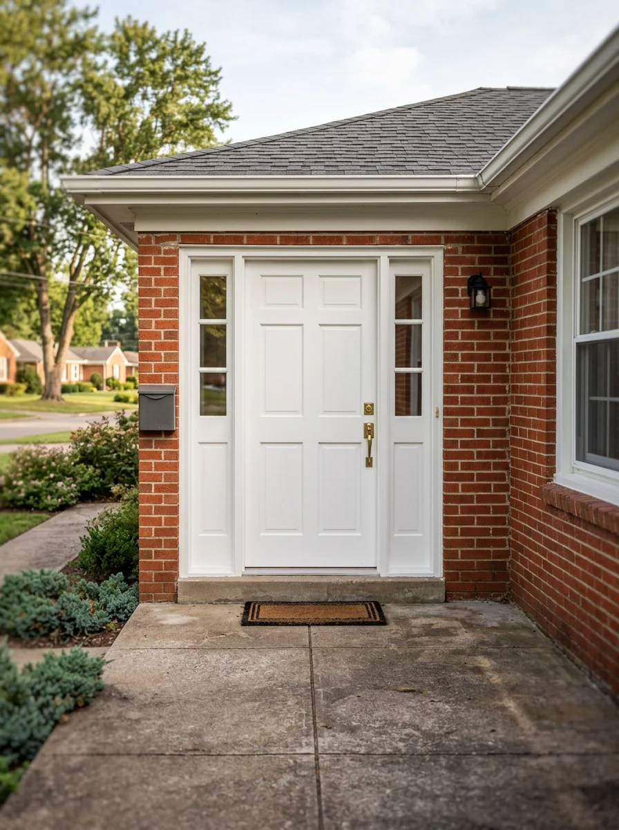 Freshly painted exterior trim and front door on a mid-century brick ranch home near the Mansker's Station area of Goodlettsville, TN, showing clean white trim against original red brick.