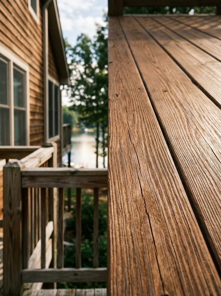 Close-up of a freshly stained wood deck on a Hendersonville, TN home, showing rich brown stain penetrating weathered deck boards near a lake-view backyard.