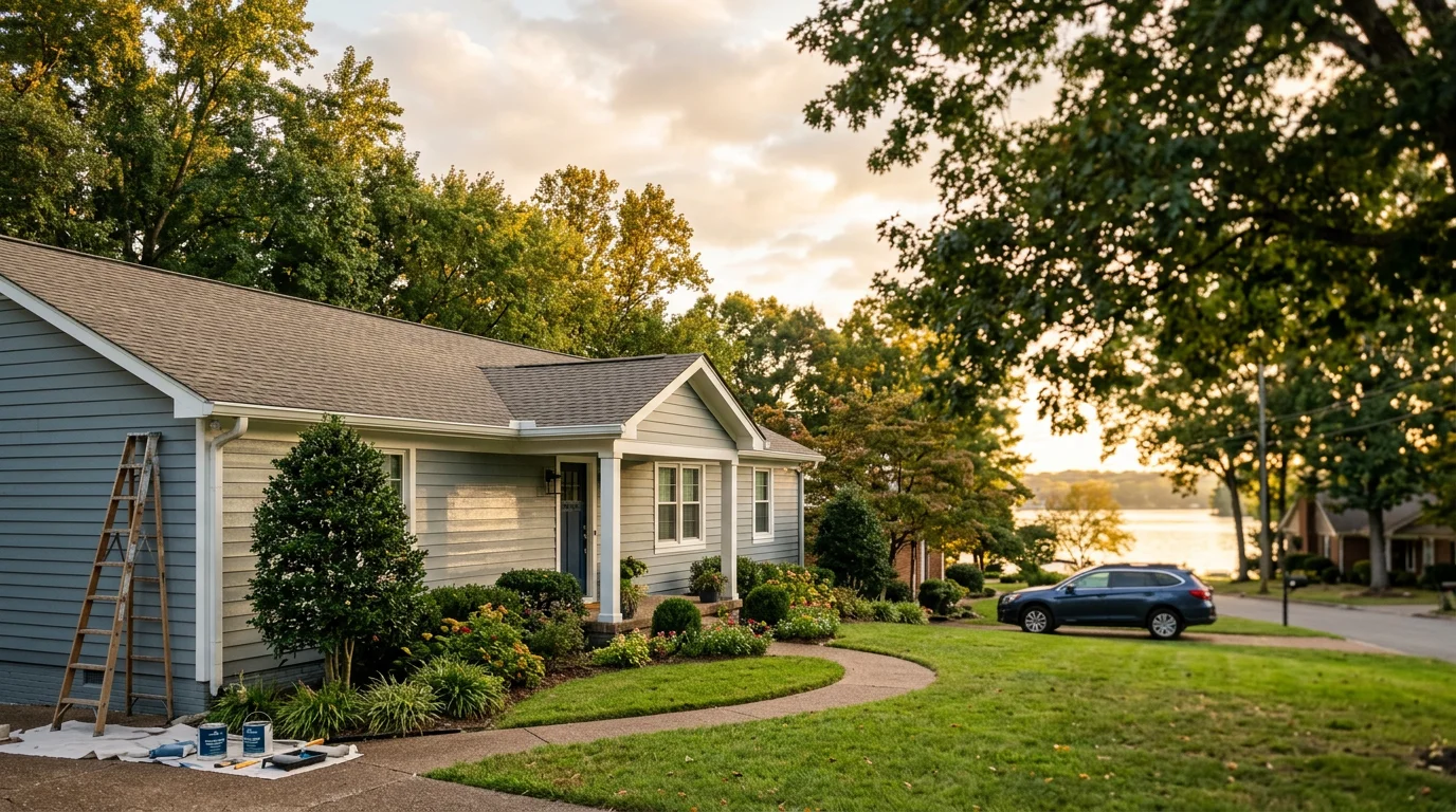 Painter applying exterior paint to a single-story wood-sided ranch home in a Hendersonville, TN lakeside neighborhood, with Old Hickory Lake visible in the background.