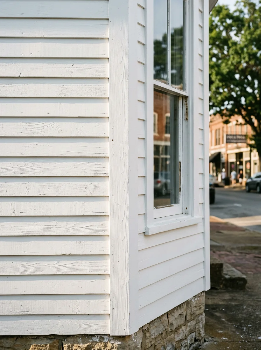 Freshly painted wood siding and trim on an older home near the historic downtown square in Springfield, TN, showing clean white paint on original wood clapboard siding.
