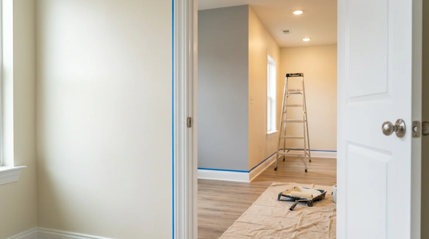 Freshly painted apartment interior in Hendersonville, Tennessee showing smooth, even walls and clean white trim in a rental unit. A professional painter applies a second coat to the living room wall with a roller.