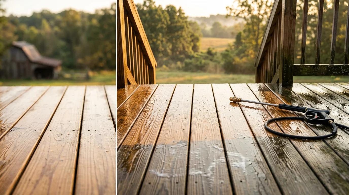 A wood deck in Hendersonville, Tennessee shown after professional pressure washing, with clean boards, clear railings, and no visible mold or gray discoloration. A pressure washing wand rests near the edge of the freshly cleaned deck surface.