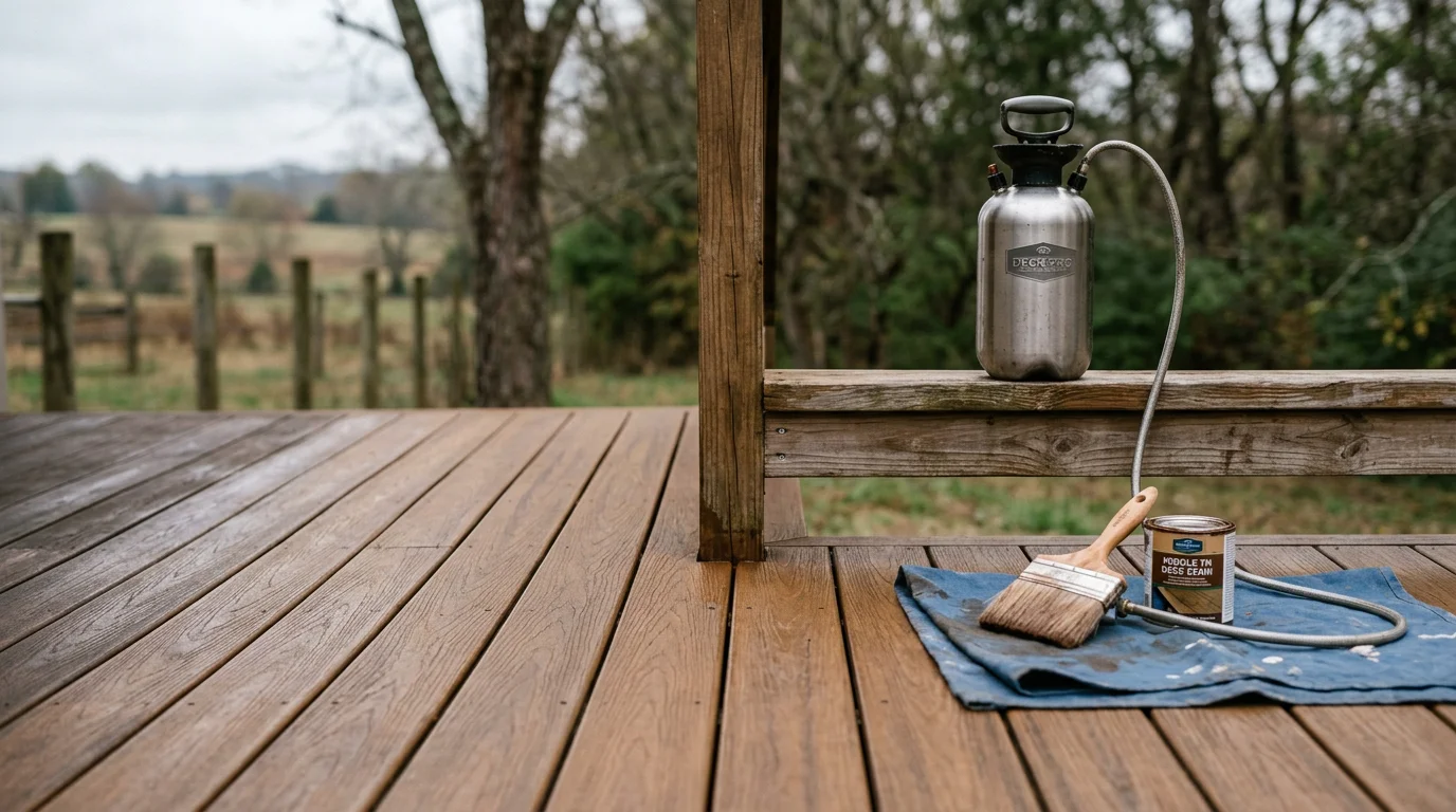 A restored wood deck in Hendersonville, Tennessee showing clean, evenly stained boards with no gray weathering or peeling finish. The deck surface shows fresh stain penetration with consistent color across all boards and railings.