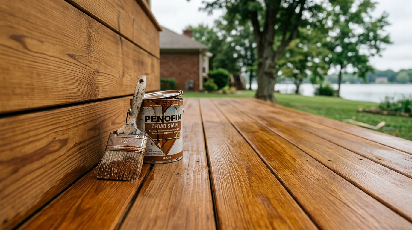 A freshly stained wood deck on a single-family home in Hendersonville, Tennessee, showing even color coverage across deck boards and railings. The deck overlooks a backyard with mature trees, with no peeling or gray weathered wood visible.