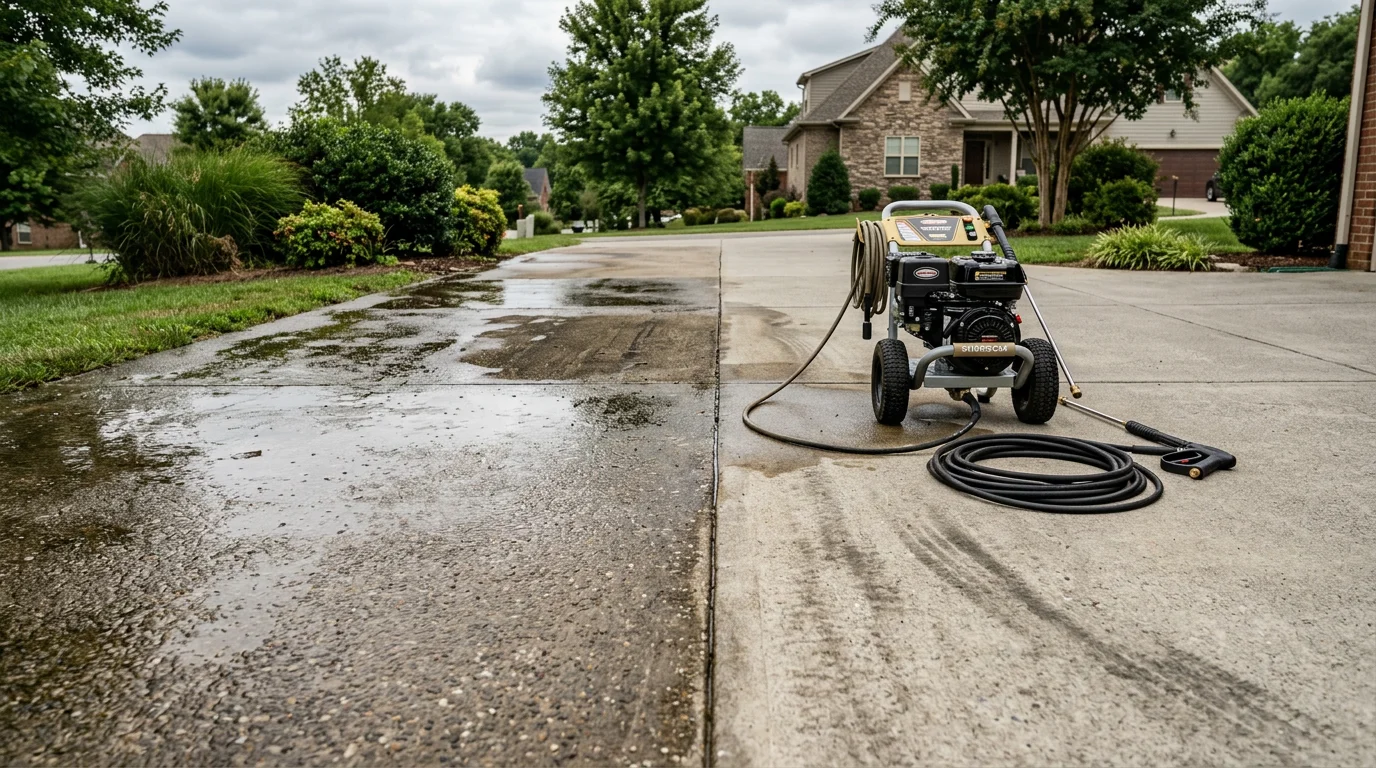 A concrete residential driveway in Hendersonville, Tennessee shown after professional pressure washing, with algae, tire marks, and dark staining removed from the surface. The cleaned concrete contrasts with the surrounding lawn and tree line typical of Middle Tennessee neighborhoods.