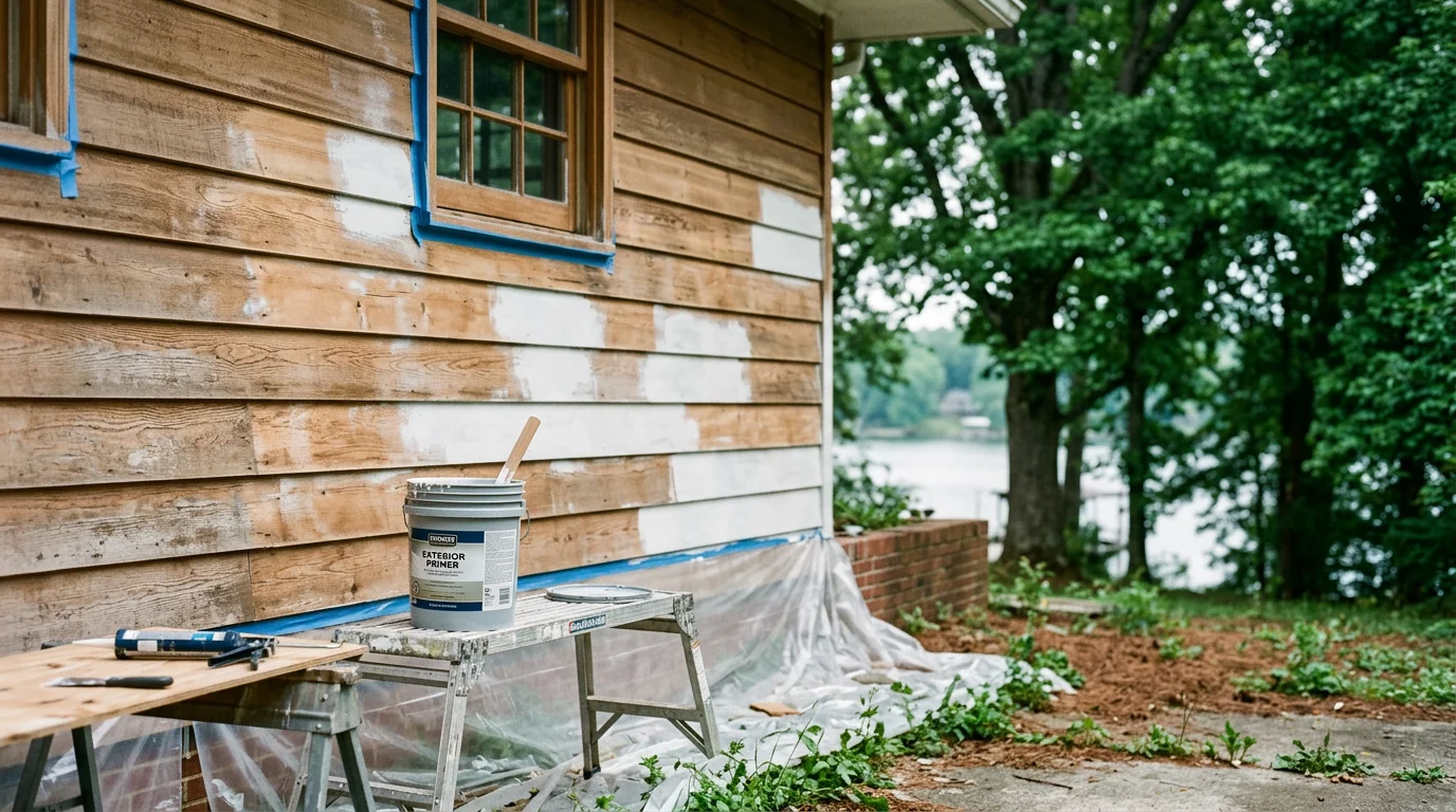 A freshly painted two-story home exterior in Hendersonville, Tennessee, with clean siding, painted trim, and a bright front door. The finished result shows even coverage across wood siding with no peeling or fading visible.