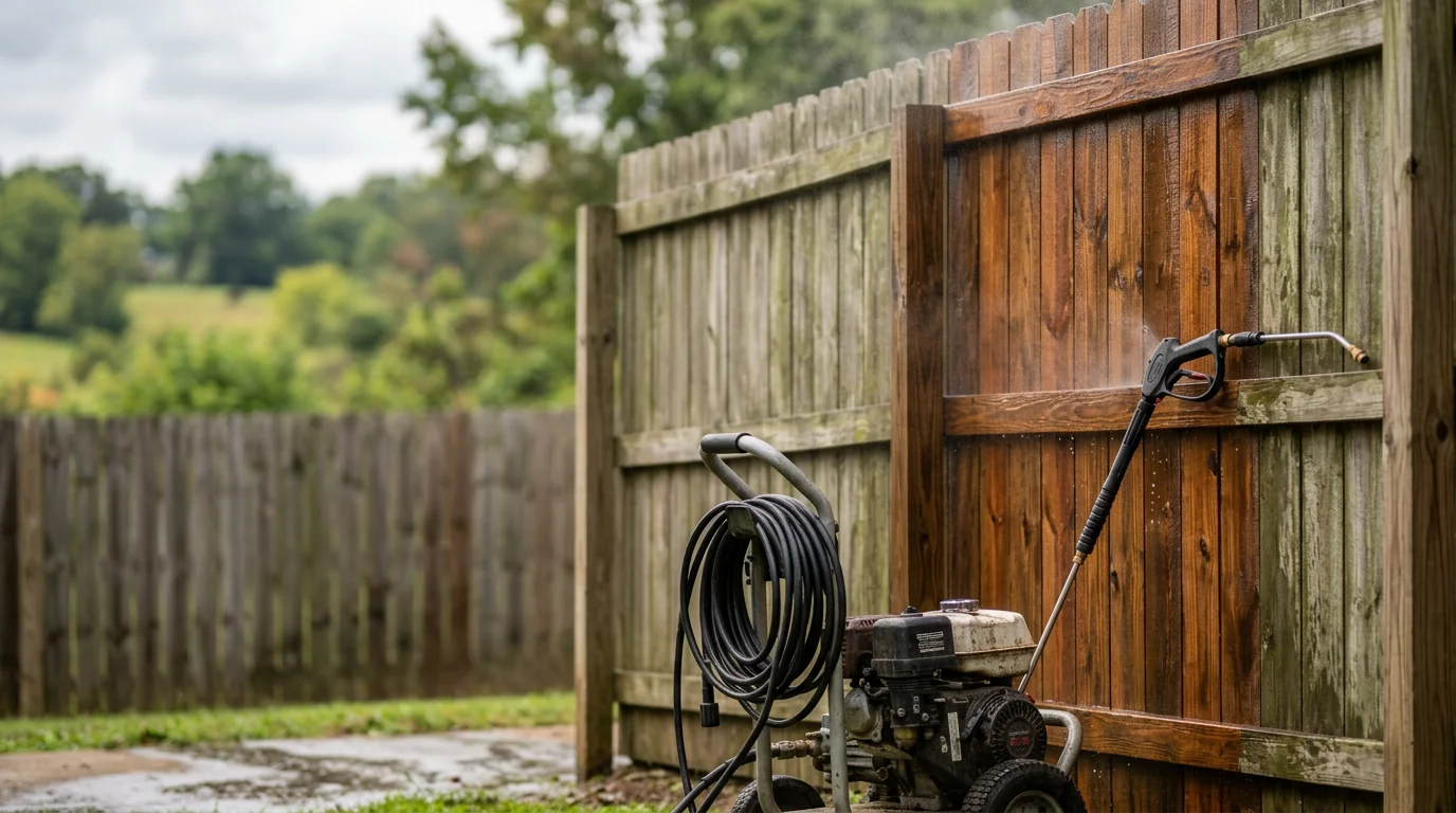 A clean wood privacy fence in a Hendersonville, Tennessee backyard after professional pressure washing, with algae and green staining fully removed from the boards. The fence surface shows restored natural wood color against a green lawn.