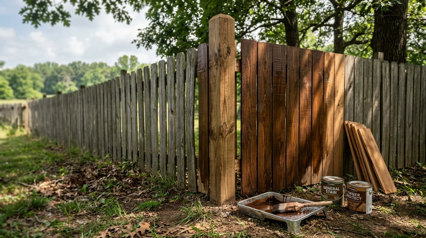A repaired and freshly stained wood privacy fence in a residential backyard in Hendersonville, Tennessee. The boards are uniform, the posts are upright, and the stain shows an even, rich tone across the entire fence line.