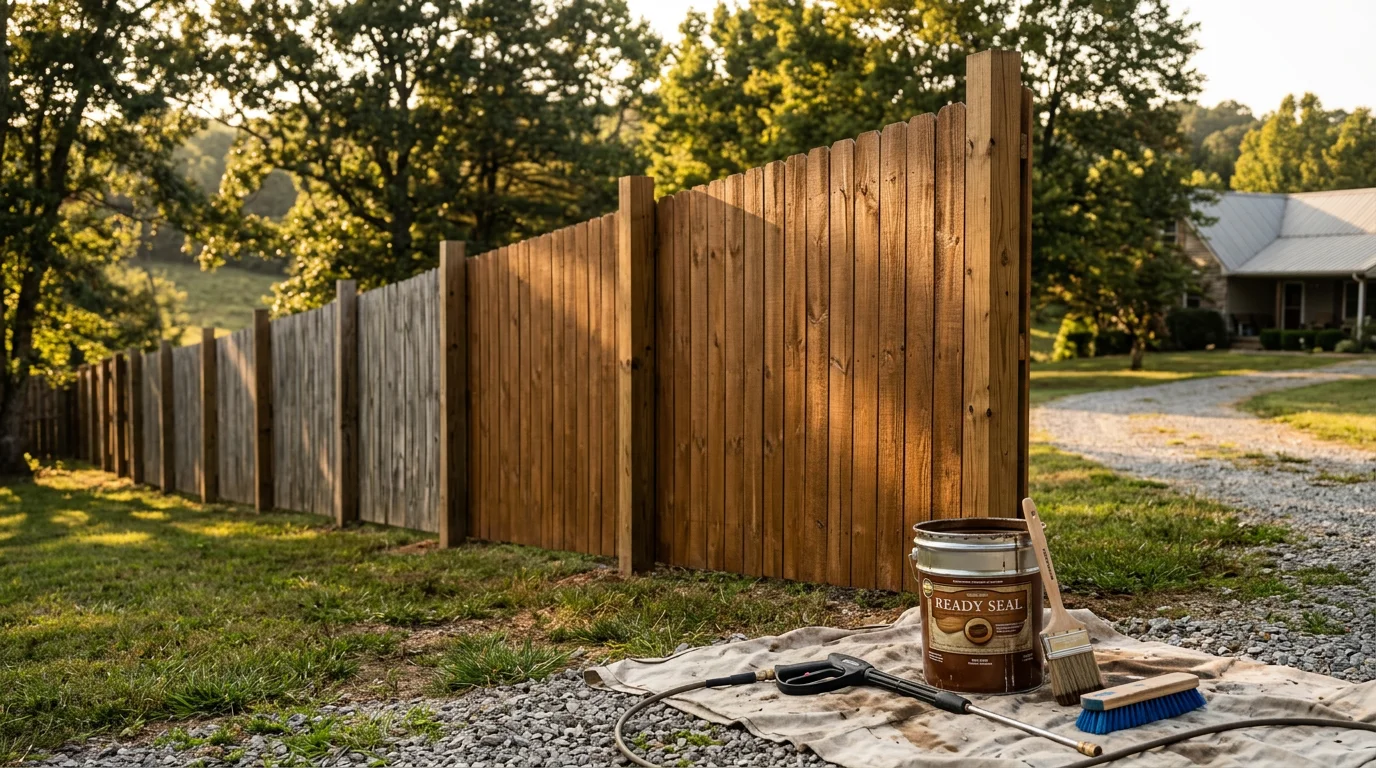 A freshly stained wood privacy fence in a residential backyard in Hendersonville, Tennessee, showing rich, even color across all boards. The fence runs along a green lawn with no visible gray patches or weathering.