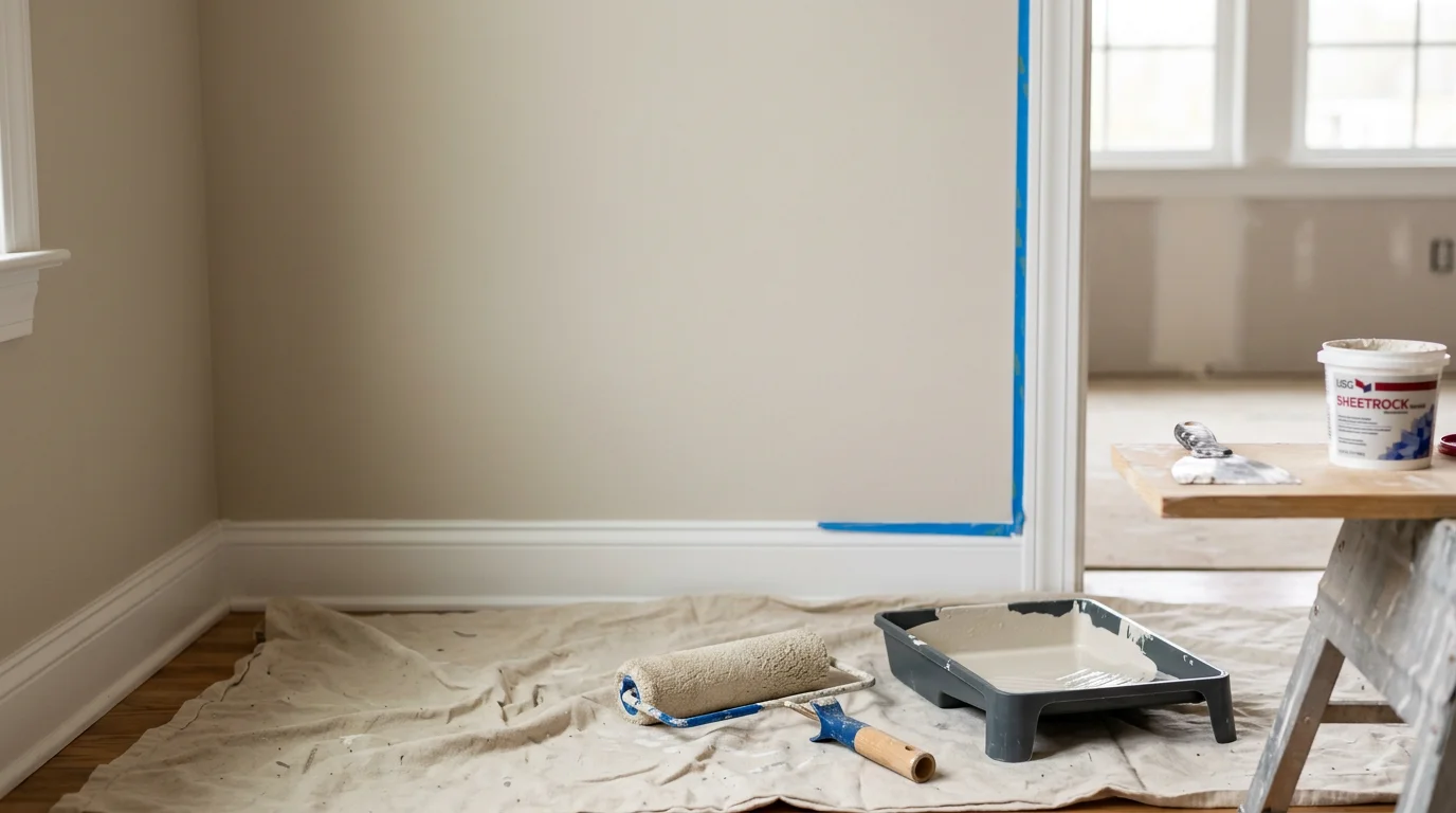 Freshly painted interior living room walls in a Hendersonville, Tennessee home, showing clean edges, smooth coverage, and protected hardwood flooring below. Hunter's Painting LLC interior painting result in Middle Tennessee.