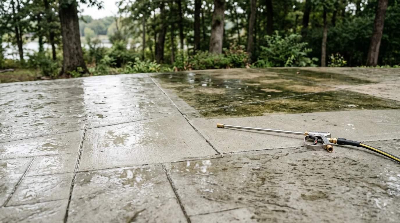 A clean concrete patio in Hendersonville, Tennessee after professional pressure washing, showing bright, stain-free surface with no visible algae or mildew. A residential backyard setting with a freshly washed paver patio area ready for outdoor use.