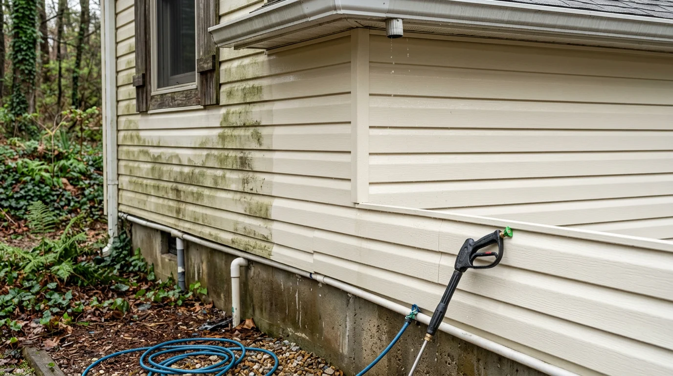 A Hendersonville home's vinyl siding shown clean and evenly colored after professional pressure washing, with algae and dark streaks fully removed from the exterior walls.