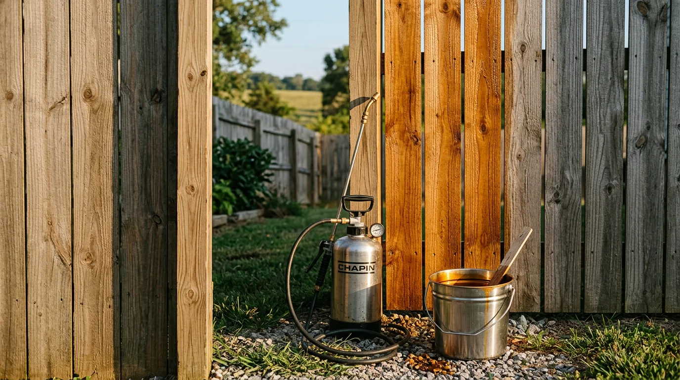 A freshly sealed wood privacy fence in a Hendersonville backyard, showing even protective coating applied across the fence boards and posts. The wood grain is visible through the seal with no signs of graying or moisture damage.